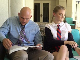 Petite student in short kilt skirt Melody Marks hooks up with bald headed teacher