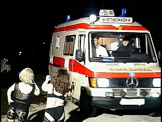 Oversexed microscopic sluts suck guy's machine around an ambulance